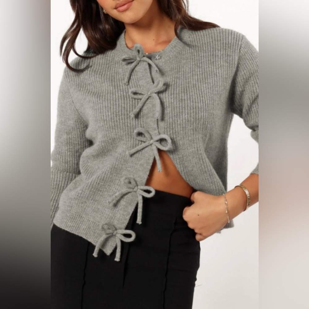 Bow Round Neck Long Sleeve Cardigan